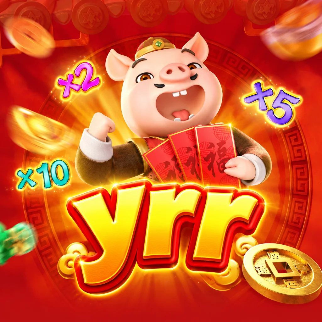 Karakter babi ceria memegang amplop merah di Piggy Gold yrr